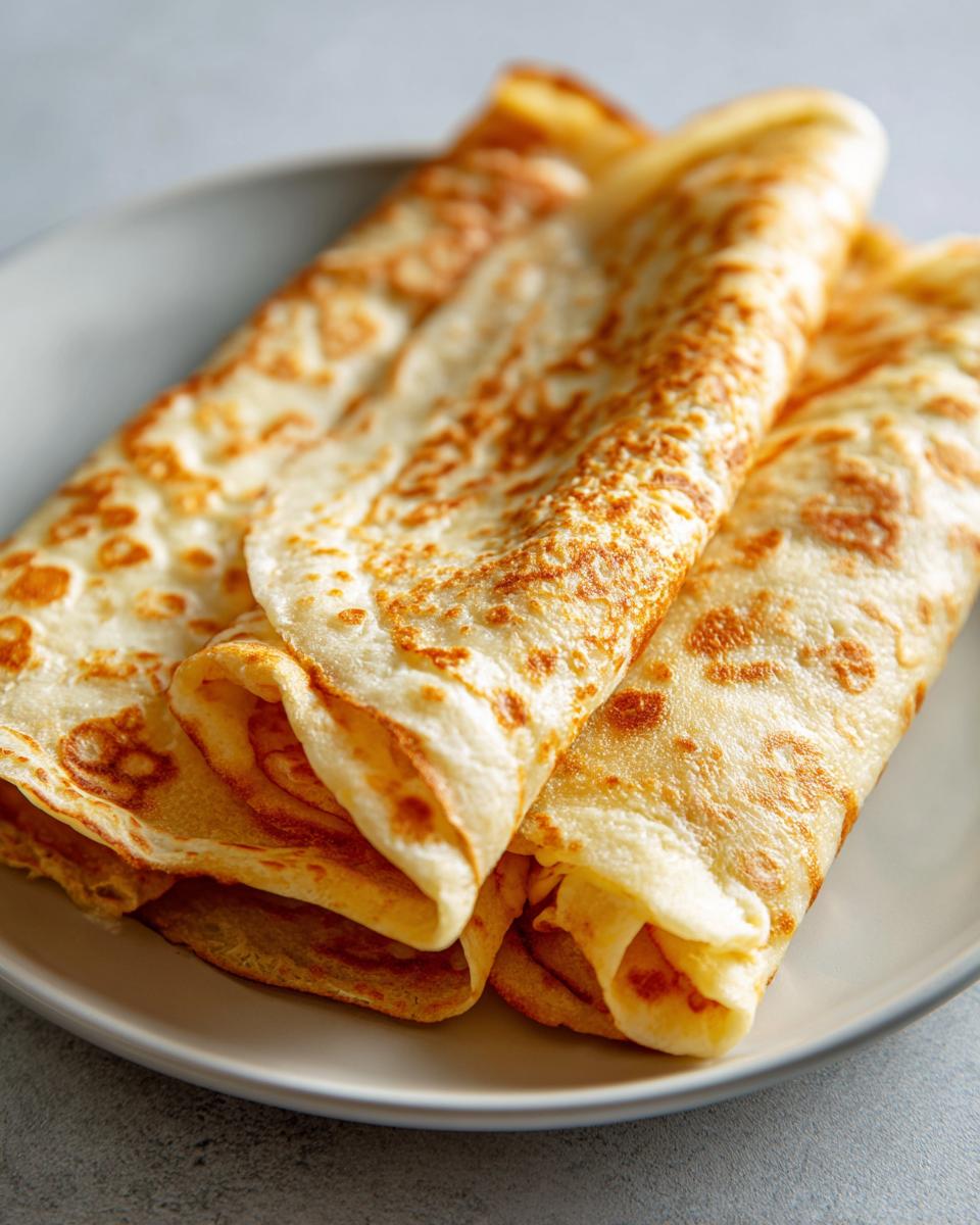 Three rolled, golden-brown crepes, ready to be filled as a cottage cheese wrap, stacked on a light gray plate.