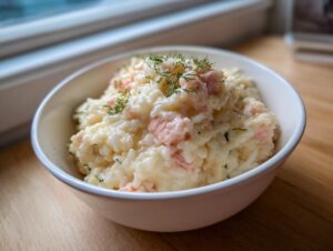 A close-up of creamy salmon lemon risotto topped with fresh dill, served in a white bowl.