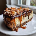 A close-up of a rich slice of Samoa cheesecake topped with chocolate drizzle, caramel, and toasted coconut flakes.