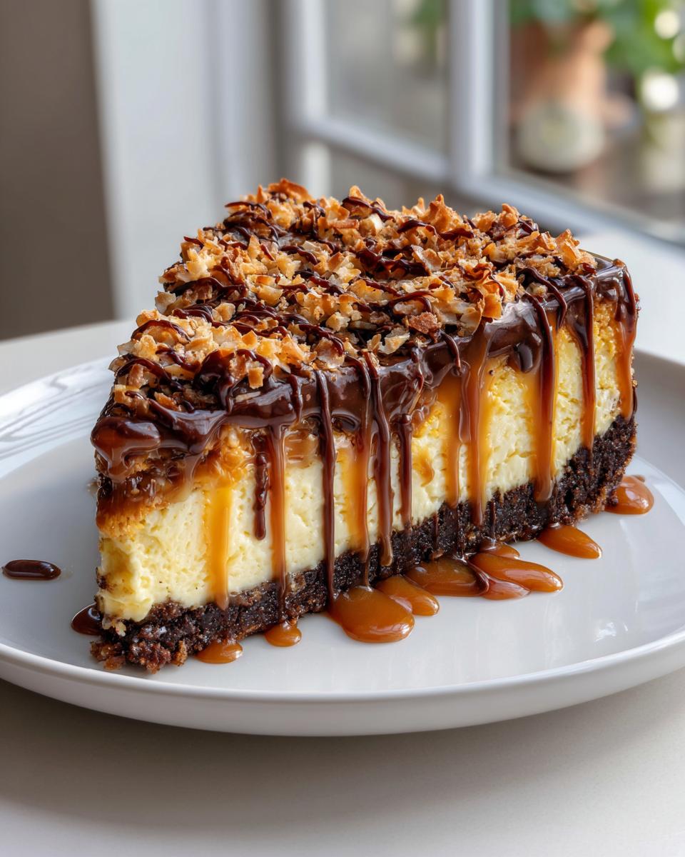 A rich slice of Samoa cheesecake featuring a dark crust, creamy filling, caramel drizzle, chocolate topping, and toasted coconut.