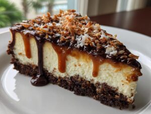 A close-up slice of rich Samoa cheesecake featuring a dark crust, creamy filling, chocolate drizzle, caramel drips, and toasted coconut.