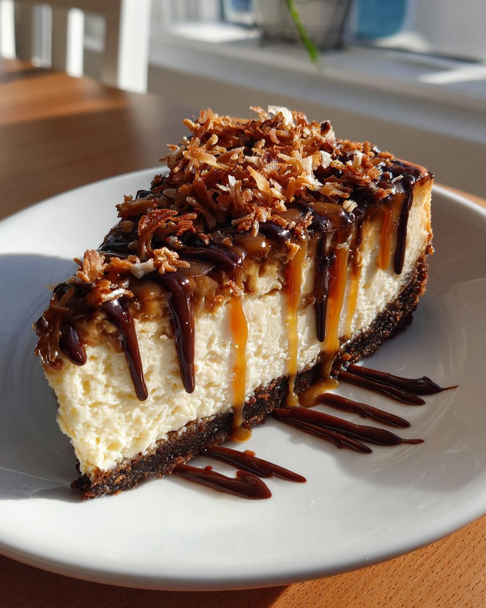 A rich slice of Samoa cheesecake with a dark crust, topped with toasted coconut, caramel, and chocolate drizzle.