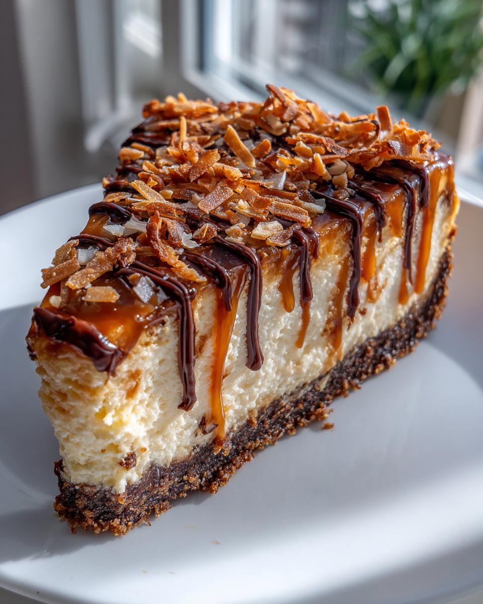 A close-up view of a rich slice of Samoa cheesecake topped with caramel, chocolate drizzle, and toasted coconut.
