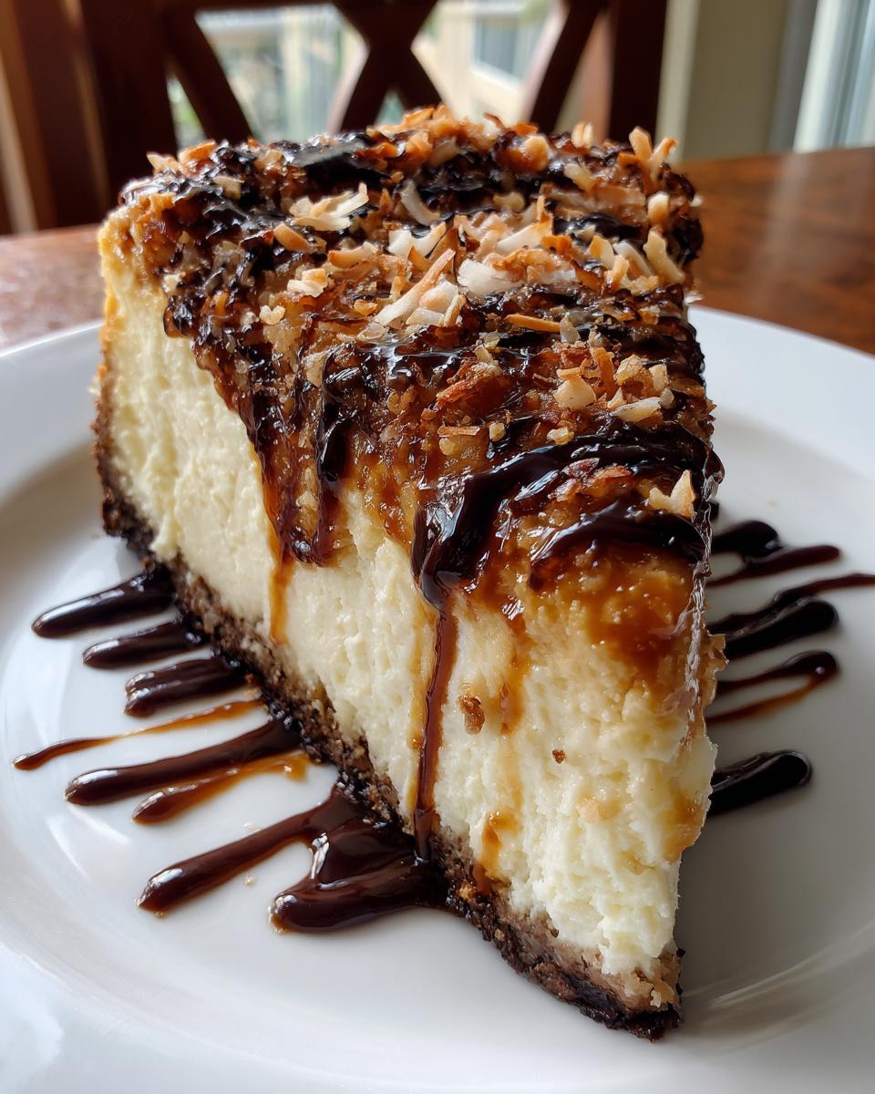 A decadent slice of Samoa cheesecake topped with toasted coconut, caramel, and chocolate drizzle.