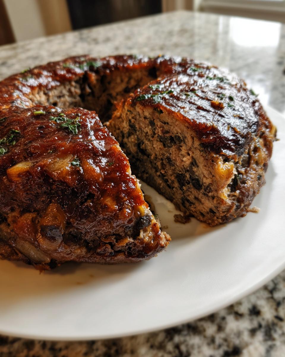 A thick slice cut from a savory mushroom stuffed meatloaf wreath, showing the glazed top and mushroom filling.