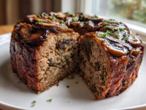 A savory mushroom stuffed meatloaf wreath, shaped like a ring, with a slice cut out showing the interior texture.