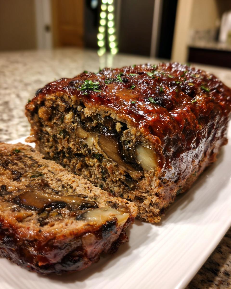 Close-up of a slice cut from the savory mushroom stuffed meatloaf wreath, showing mushroom filling and glaze.