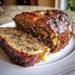 Close-up of a slice cut from a savory mushroom stuffed meatloaf wreath, showing a rich glaze and melted cheese.