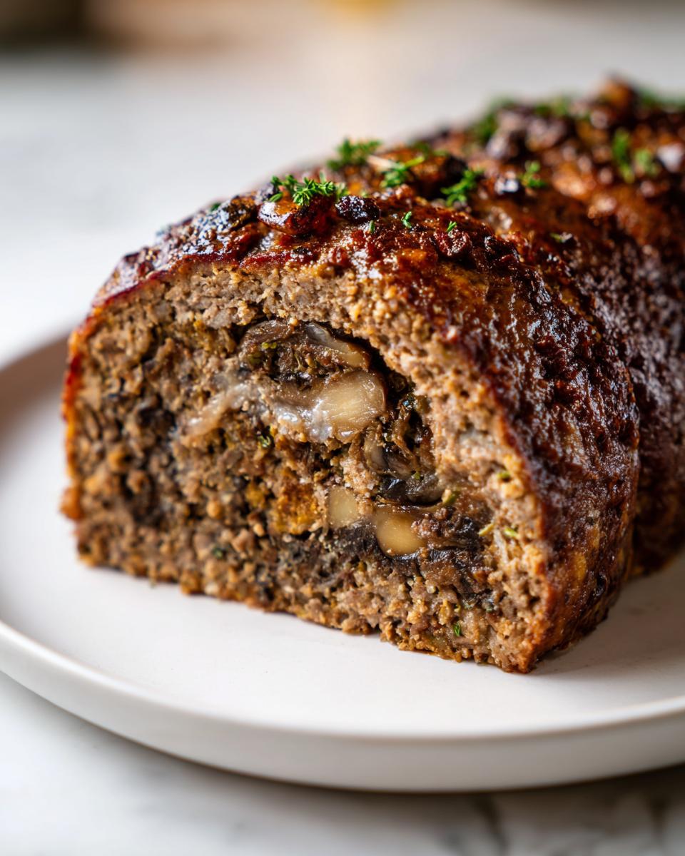 Close-up of a slice of savory mushroom stuffed meatloaf wreath showing the rich mushroom filling inside.