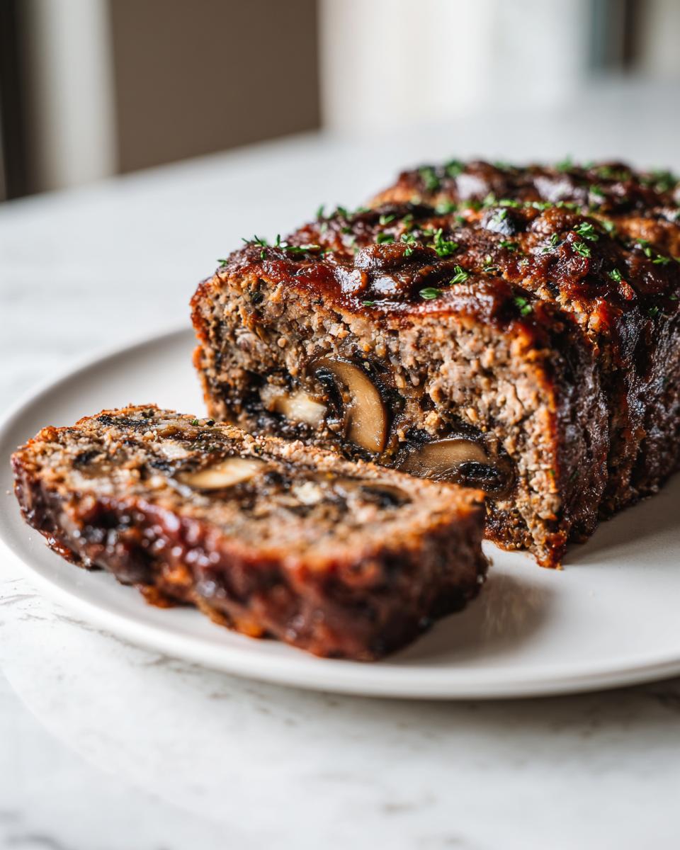 A slice cut from a savory mushroom stuffed meatloaf wreath, showing the mushroom filling and glazed top.