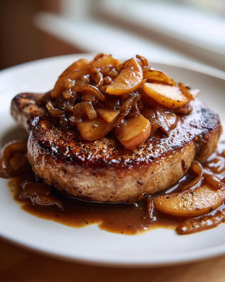 Close-up of a perfectly seared pork chop topped with caramelized apples and onions, part of the amazing apple pork chops recipe.