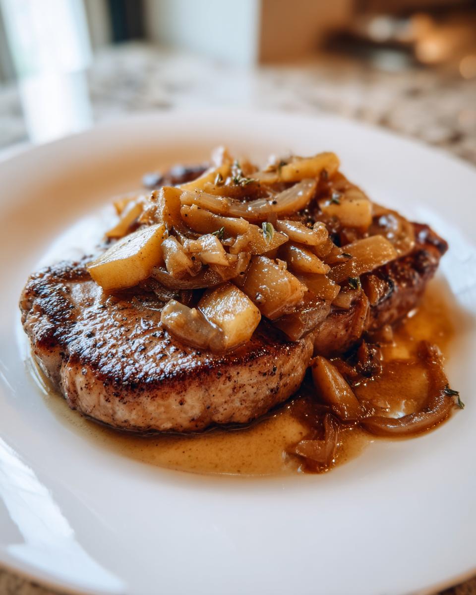 Close-up of perfectly seared apple pork chops topped with caramelized apples and onions in a savory sauce.