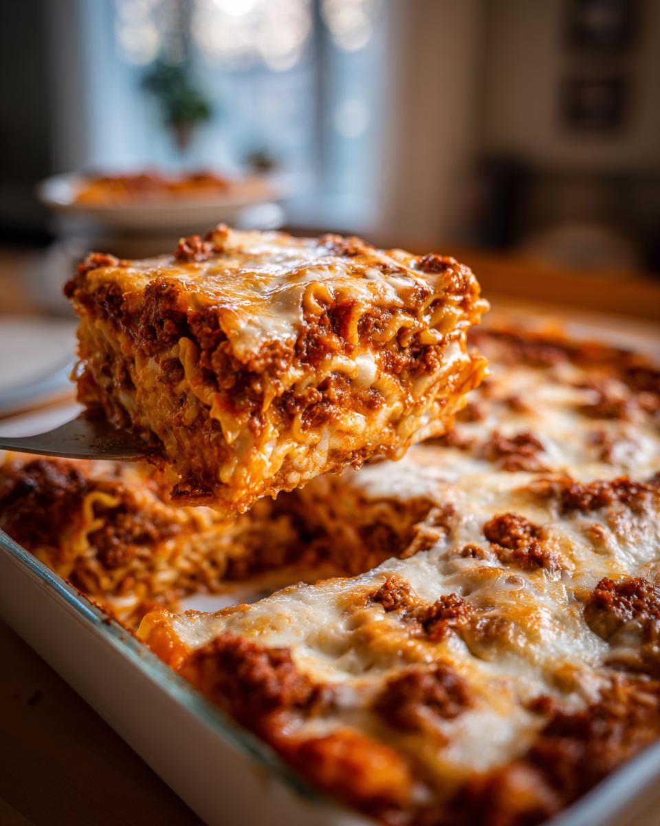 A generous square slice of baked ziti casserole, rich with meat sauce and melted cheese, being lifted from the baking dish.