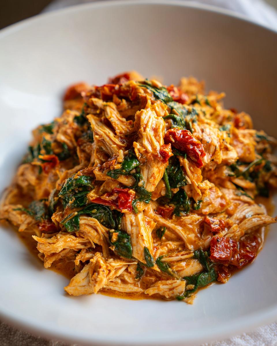 A close-up of shredded slow cooker Tuscan chicken mixed with wilted spinach and sun-dried tomatoes in a creamy sauce.