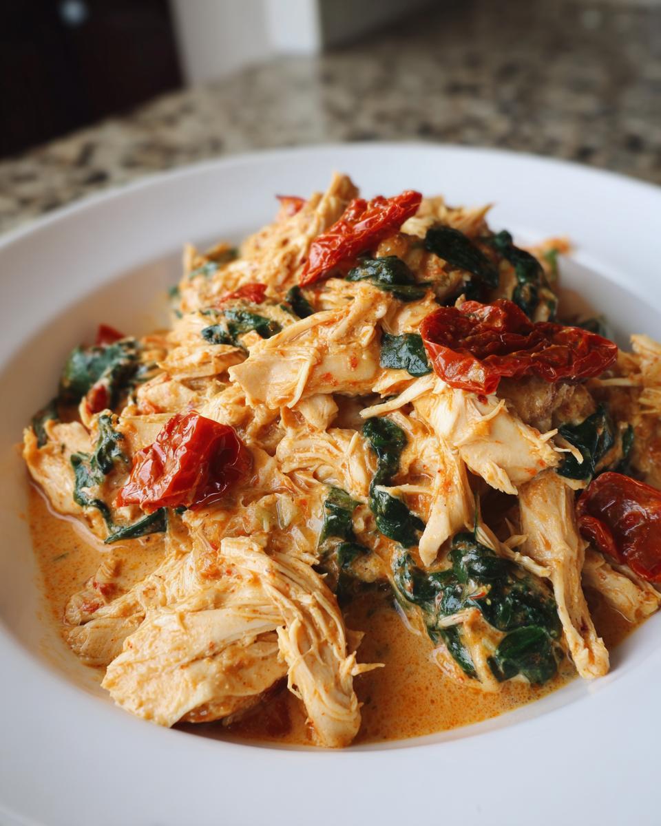 Close-up of shredded slow cooker tuscan chicken mixed with spinach and sun-dried tomatoes in a creamy sauce.