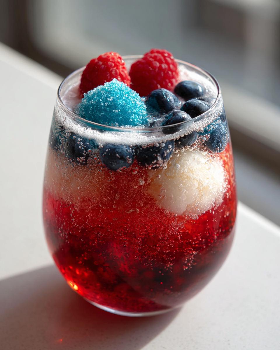 Close-up of a glass filled with vibrant red liquid, topped with blueberries, raspberries, and blue sugar ice for a festive firecracker punch.