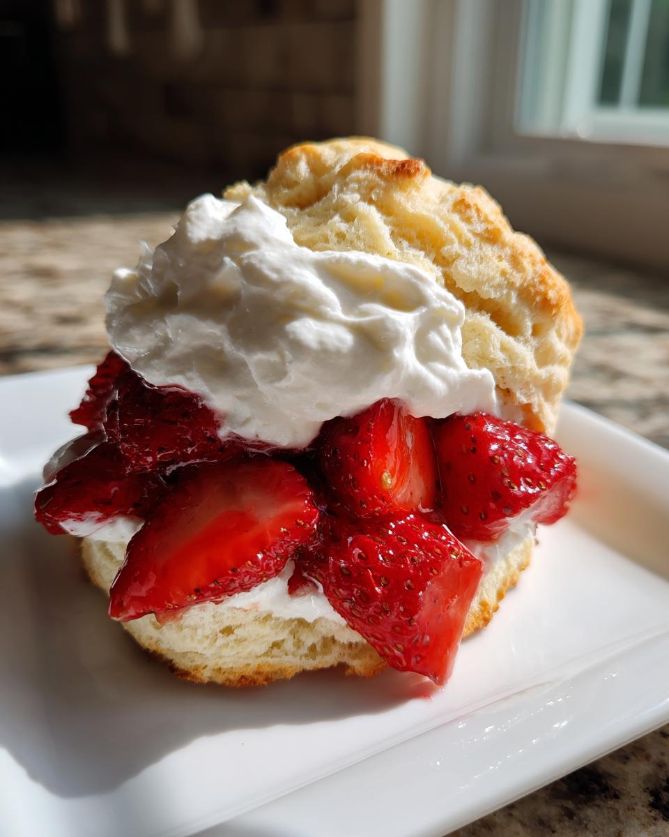 A close-up of a delicious strawberry shortcake featuring a biscuit layered with macerated strawberries and topped with fresh whipped cream.