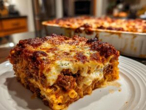 A hearty slice of baked ziti with a browned, cheesy top served on a white plate.