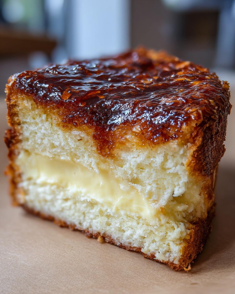 Close-up of a thick slice of bee sting cake showing the light sponge, creamy vanilla filling, and caramelized honey topping.