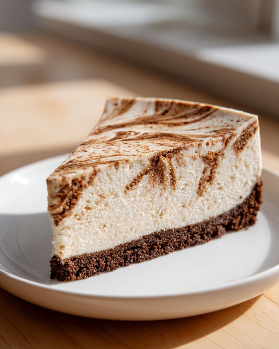 A perfect slice of creamy biscoff cheesecake with a dark crust and marbled top, served on a white plate.