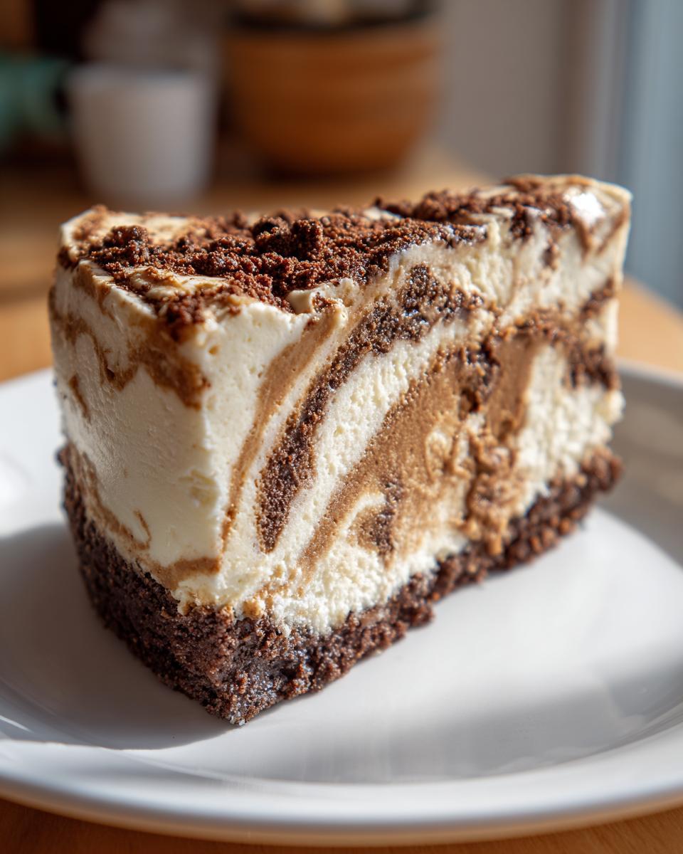 A close-up of a slice of rich biscoff cheesecake with a dark crust and marbled filling, topped with crumbs.