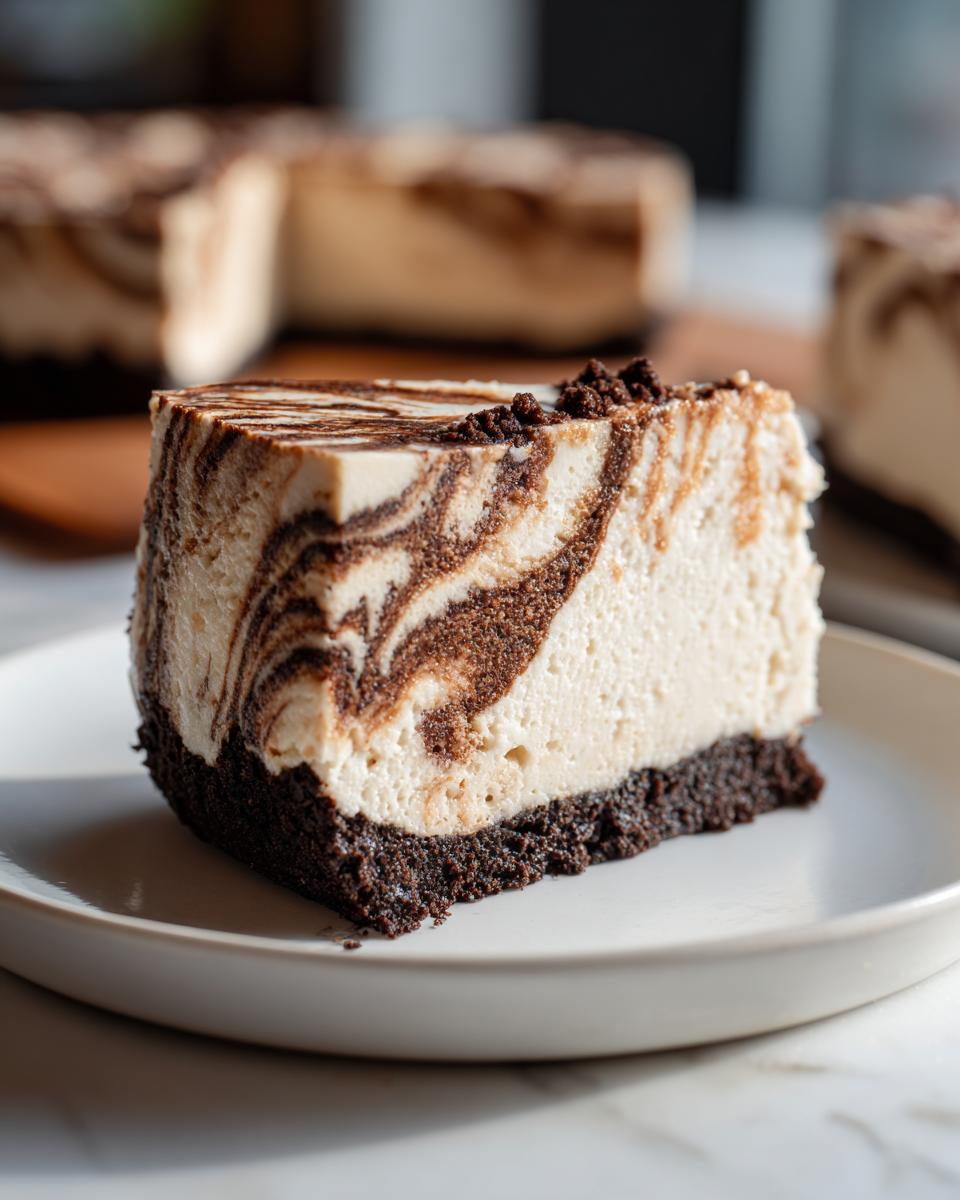 A close-up slice of no-bake biscoff cheesecake showing a dark crust and a creamy, swirled top.