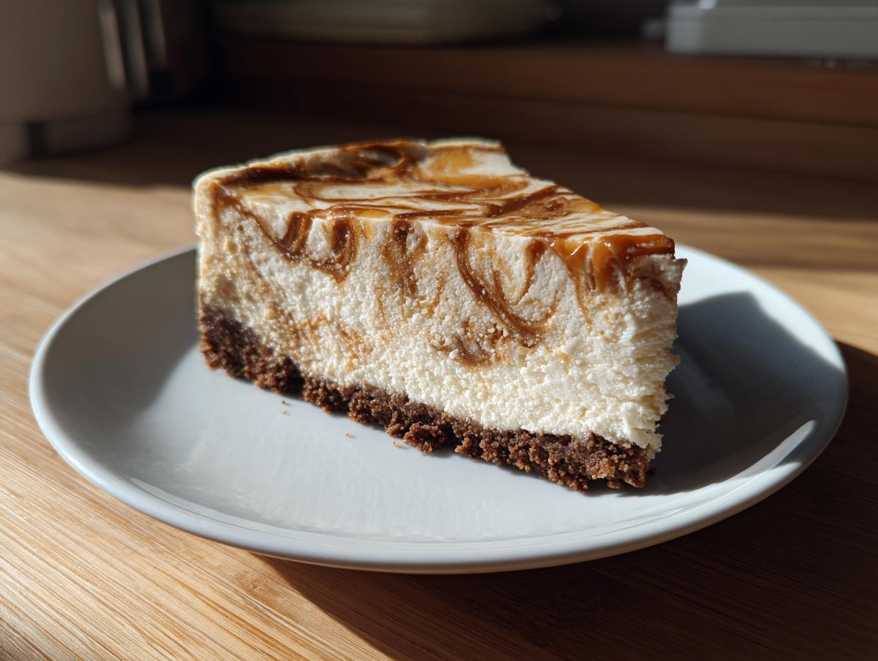 A perfect slice of biscoff cheesecake featuring a creamy white filling swirled with caramel topping on a dark crust.