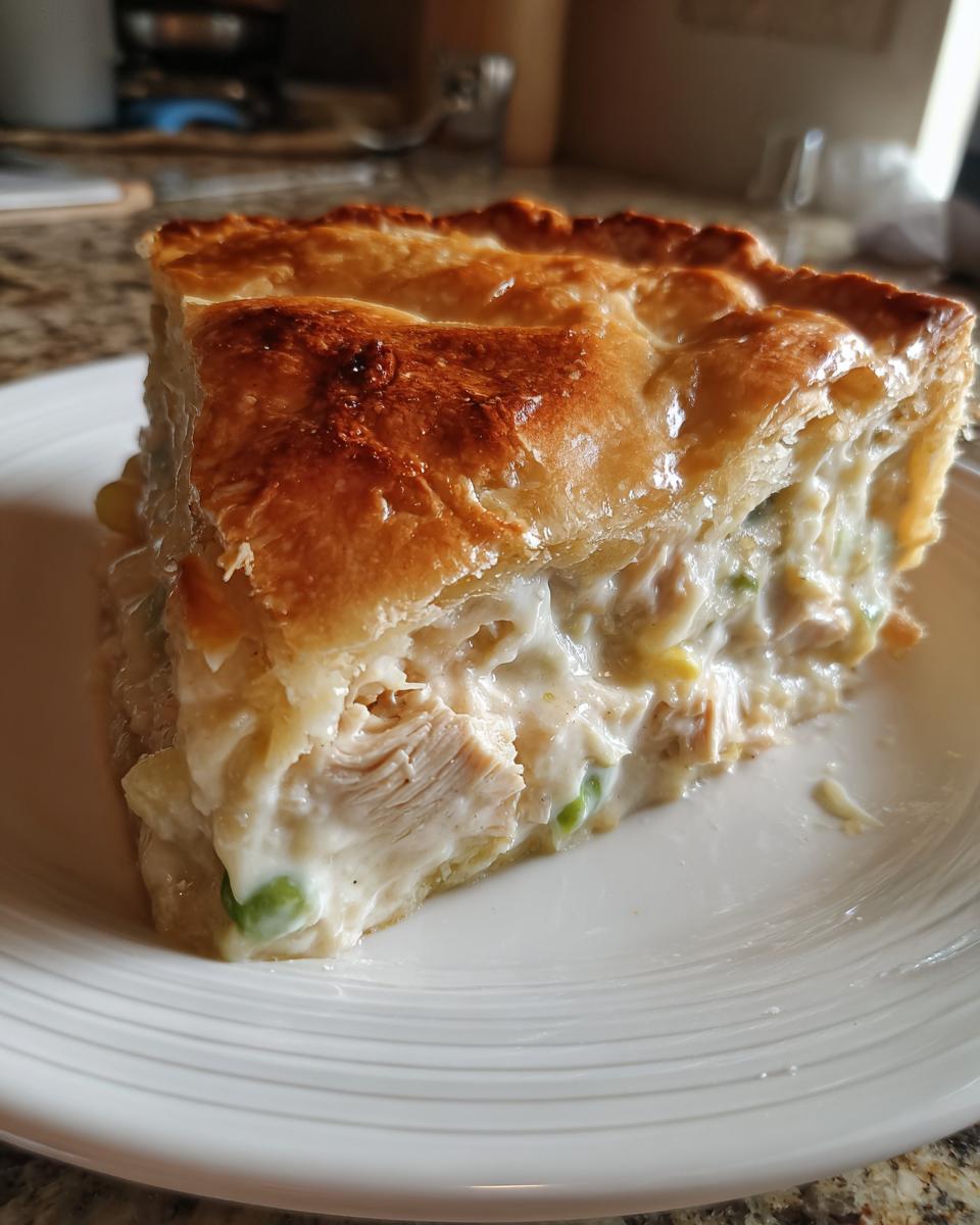 A generous slice of homemade chicken pot pie showing flaky golden crust and creamy filling with visible chicken and peas.