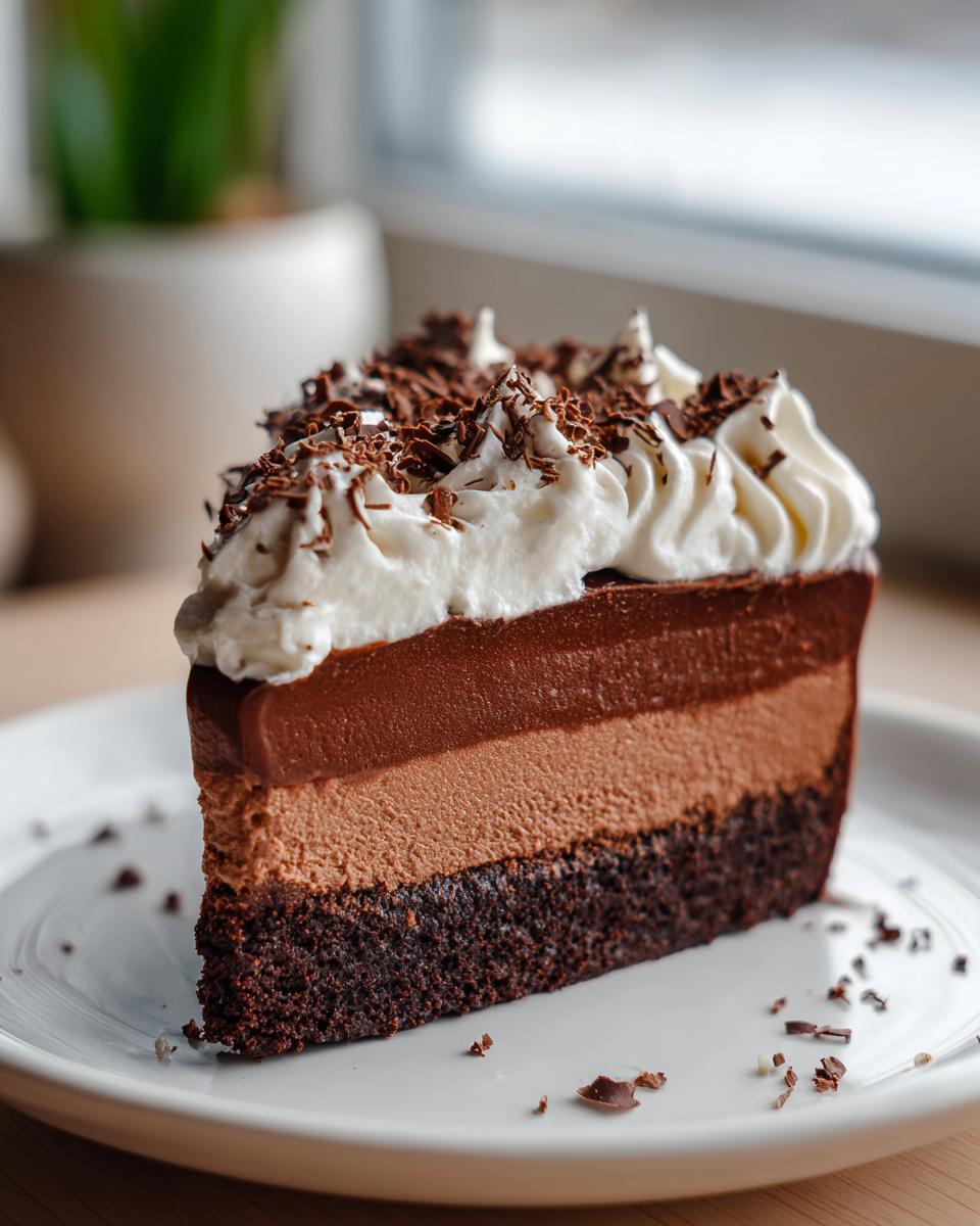 A decadent slice of chocolate mousse cake featuring three layers, topped with whipped cream and chocolate shavings.