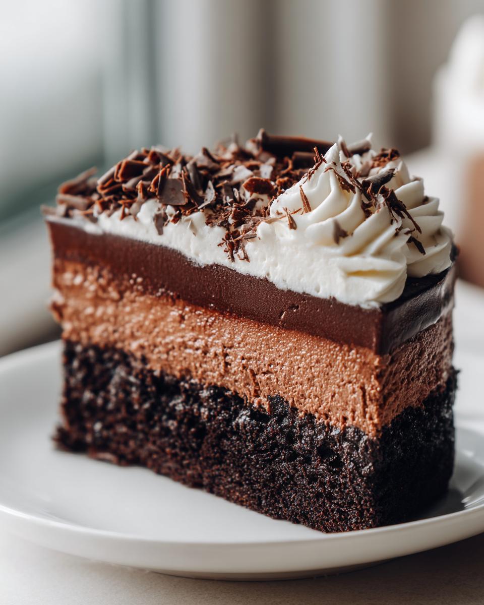 A decadent slice of chocolate mousse cake showing three distinct layers: dark cake, light mousse, and ganache, topped with whipped cream.