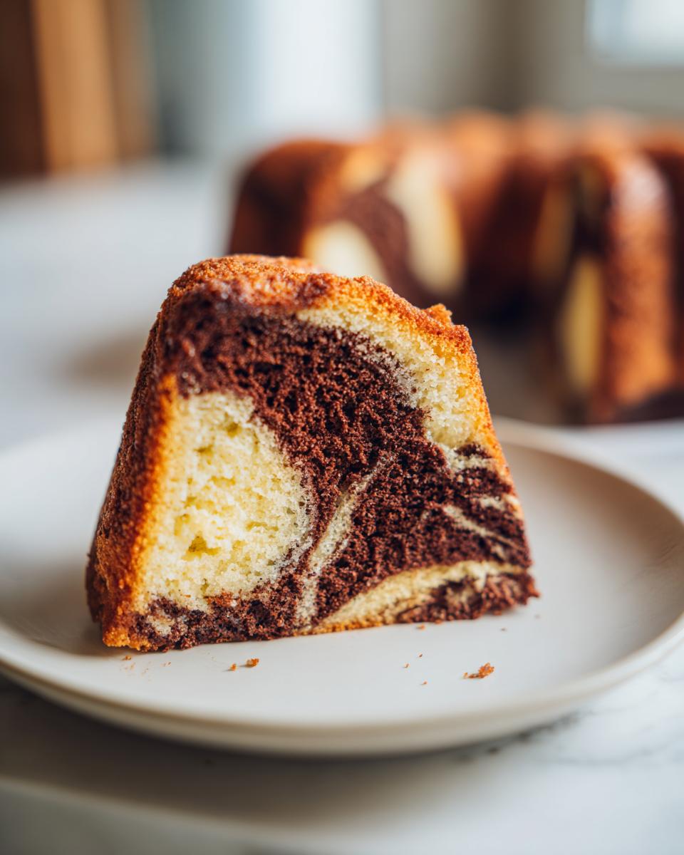Close-up of a moist slice of german marble cake showing beautiful vanilla and chocolate swirls on a white plate.