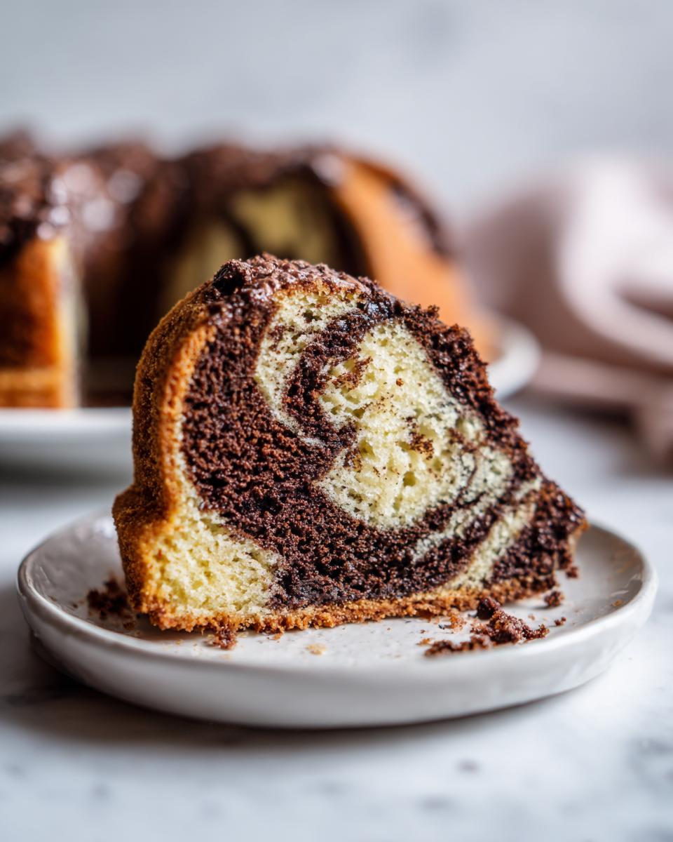 A close-up slice of moist german marble cake showing distinct vanilla and chocolate swirls on a small white plate.