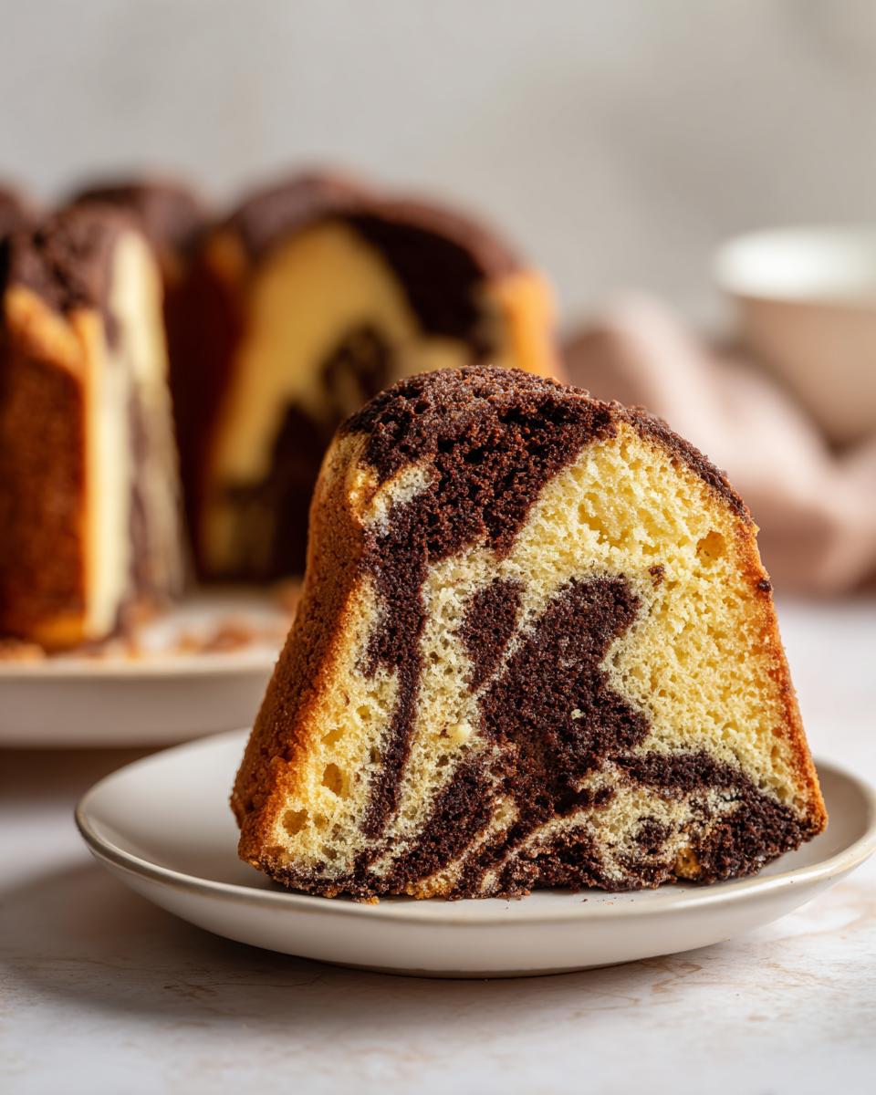 A close-up slice of moist german marble cake showing distinct vanilla and chocolate swirls on a small plate.