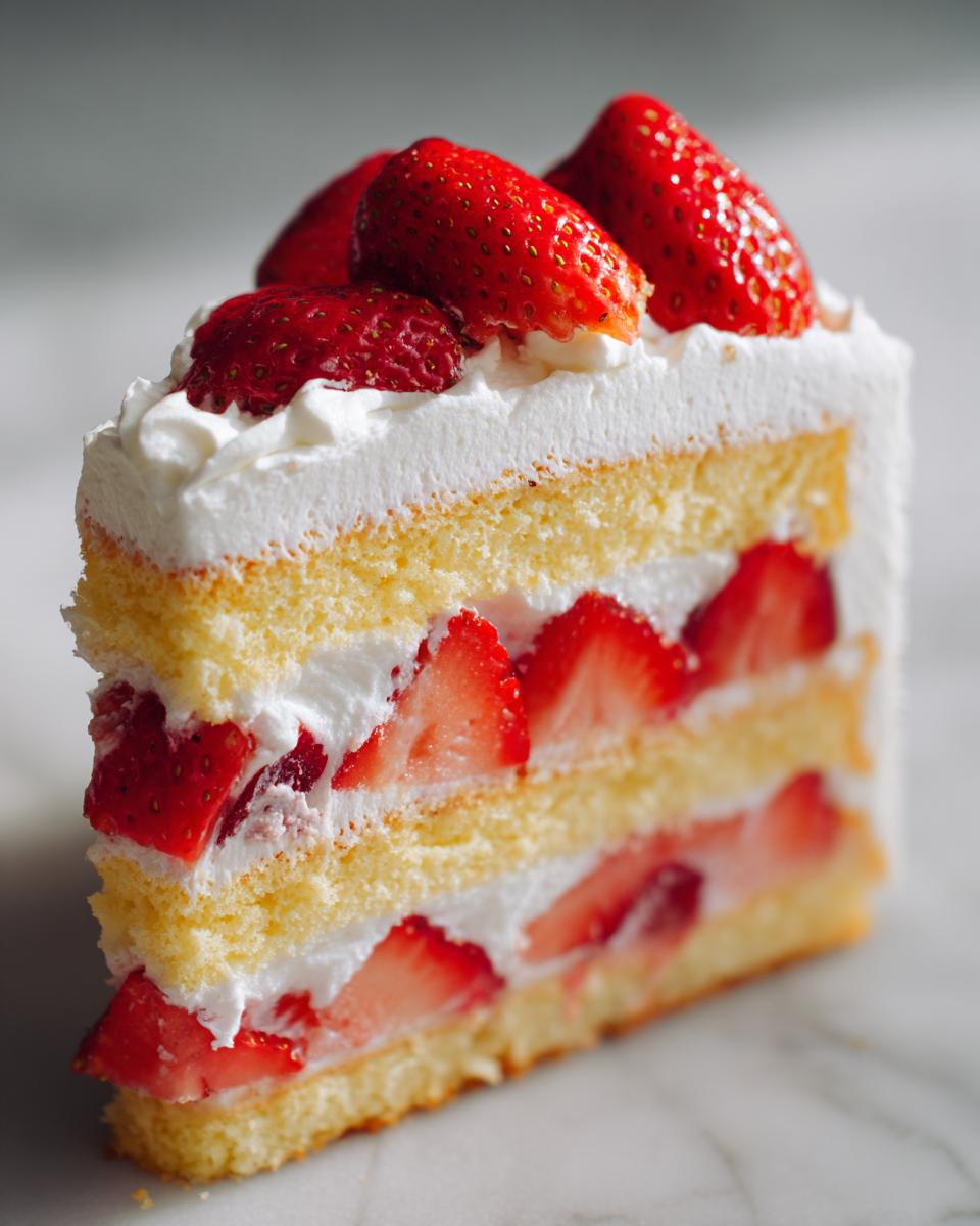 A perfect slice of Japanese strawberry shortcake featuring layers of light sponge cake, whipped cream, and fresh strawberries.