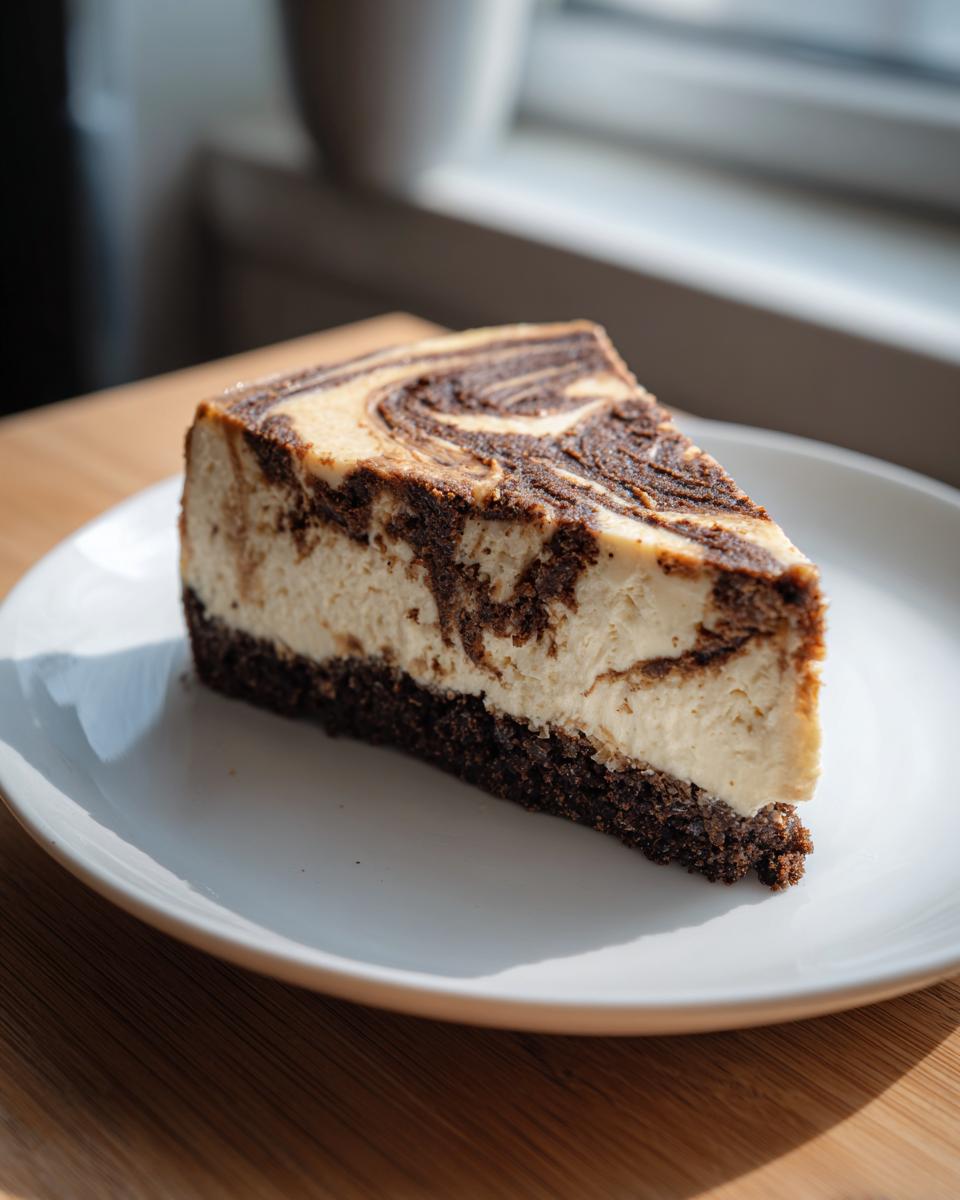 A perfect slice of biscoff cheesecake with a dark cookie crust and a creamy, marbled top, served on a white plate.