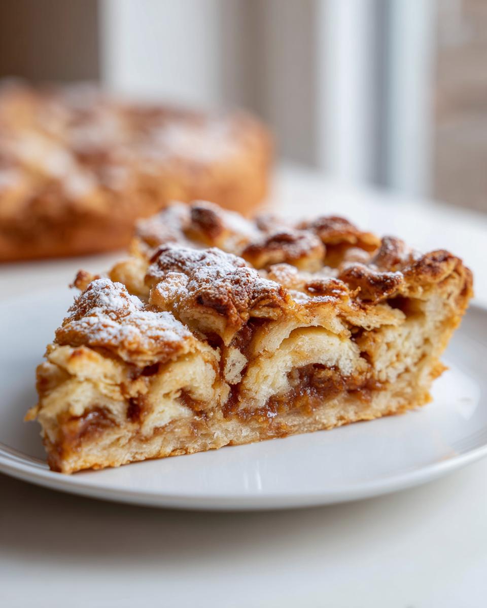 Close-up of a slice of Carmelitas dessert on a white plate, showing layers of pastry and caramel filling, dusted with powdered sugar.