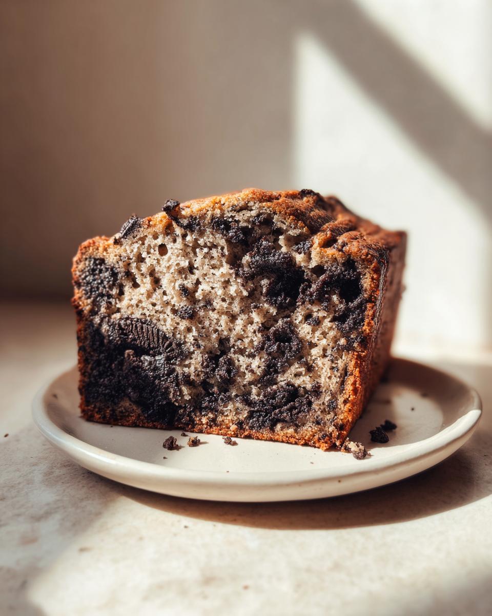 Close-up of a thick slice of moist oreo banana bread showing dark cookie chunks throughout the crumb.