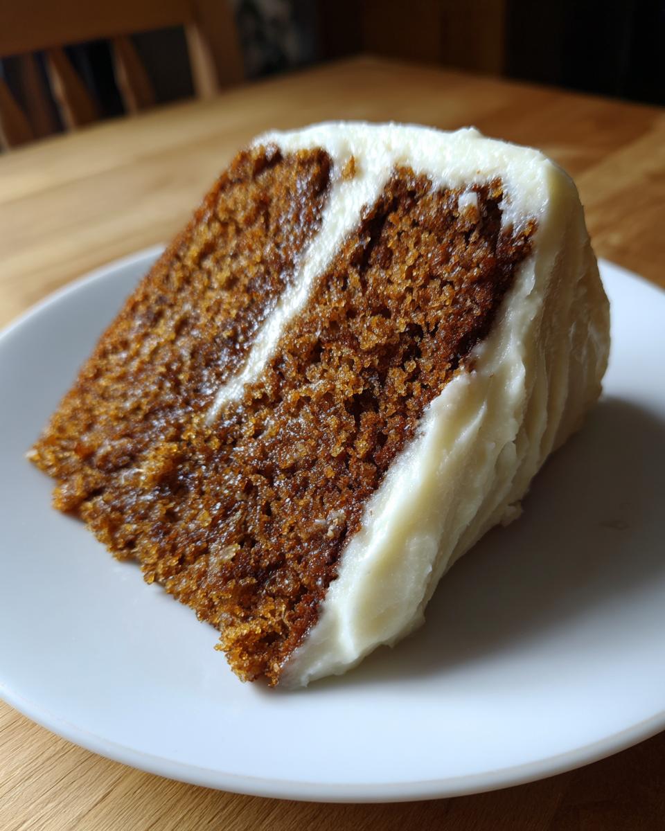 Close-up of a moist slice of dark brown spice cake layered and topped with thick white cream cheese frosting.