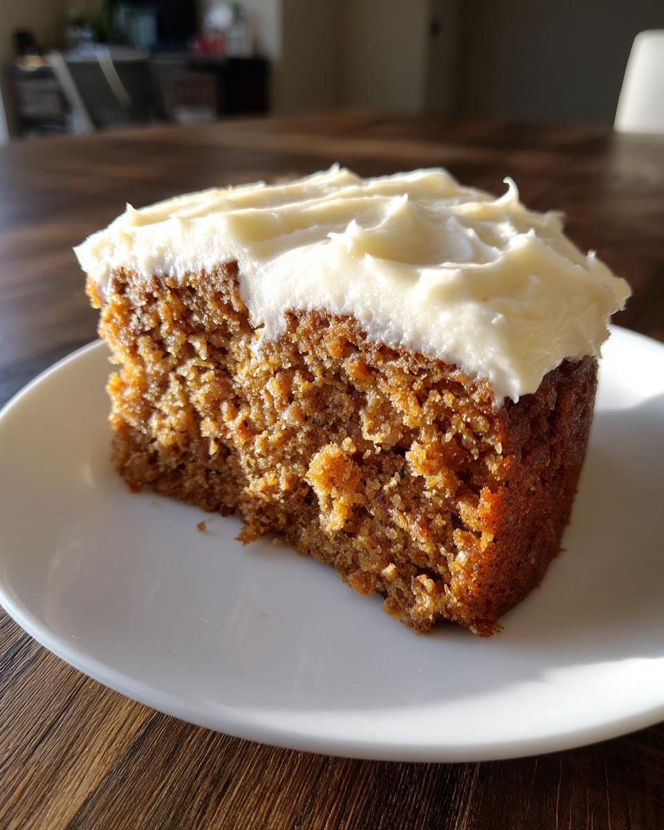 A close-up of a moist slice of spice cake topped with thick, white cream cheese frosting, sitting on a white plate.
