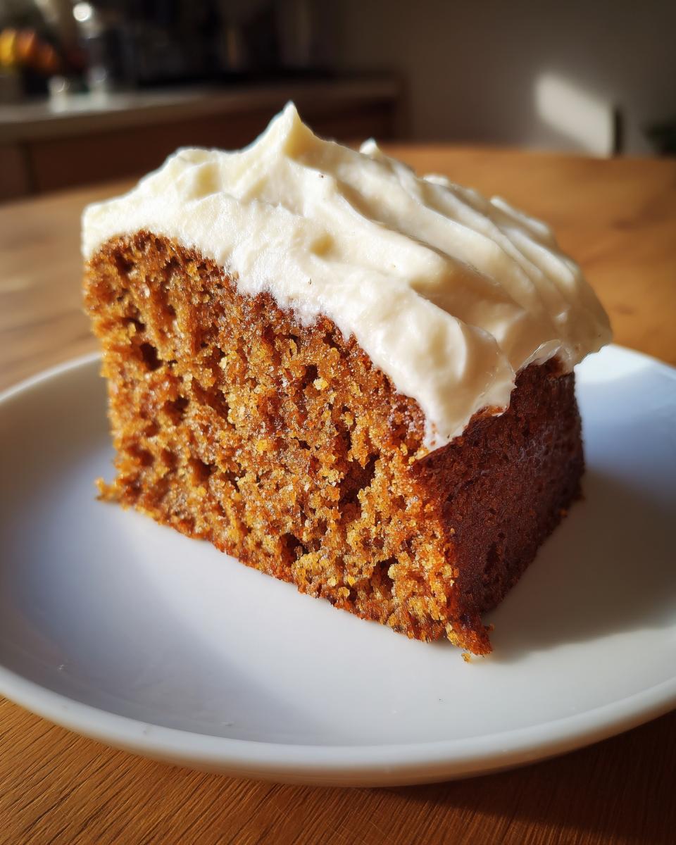 A close-up of a moist slice of spice cake topped with thick cream cheese frosting, served on a white plate.
