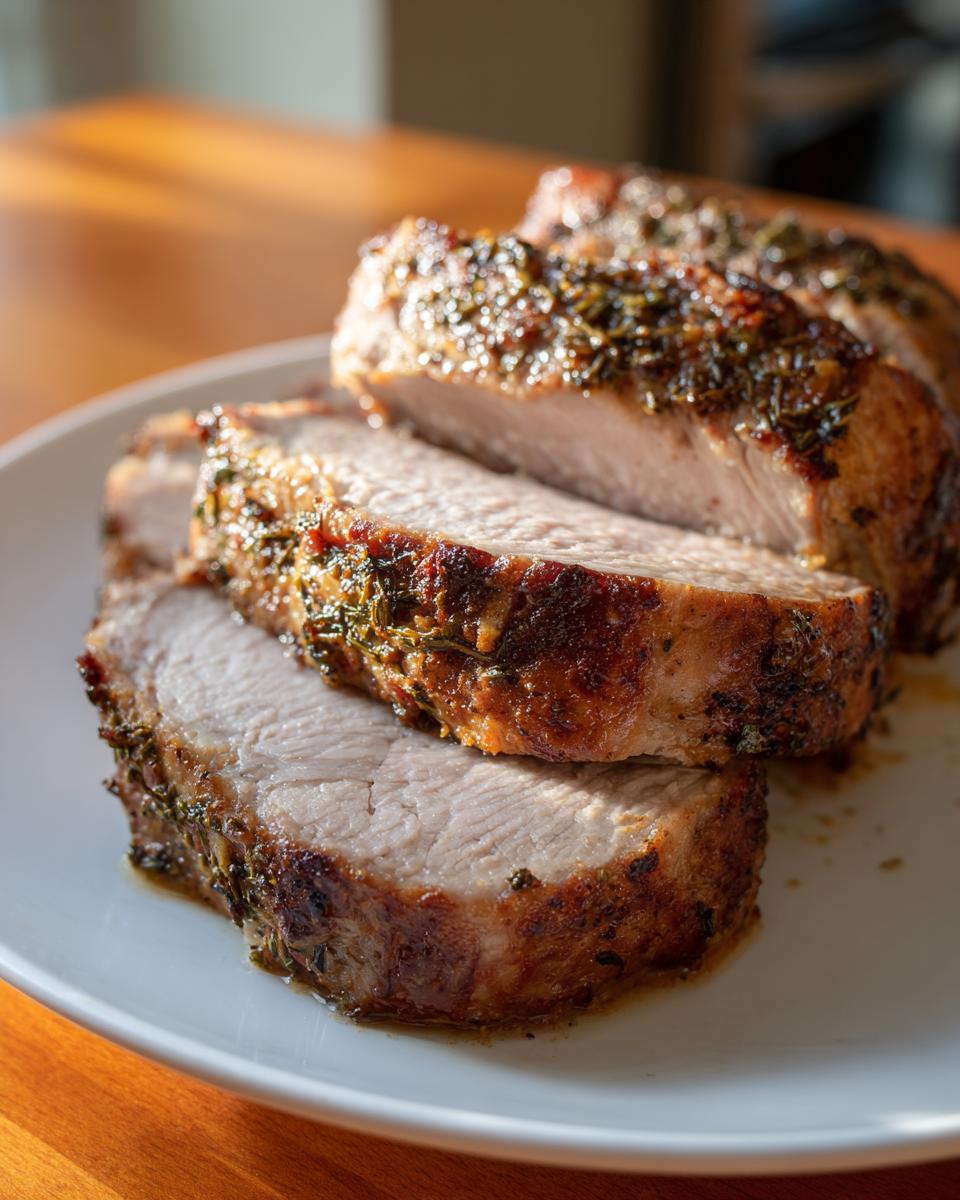 Close-up of thick slices of juicy crockpot pork tenderloin seasoned with herbs on a white plate.