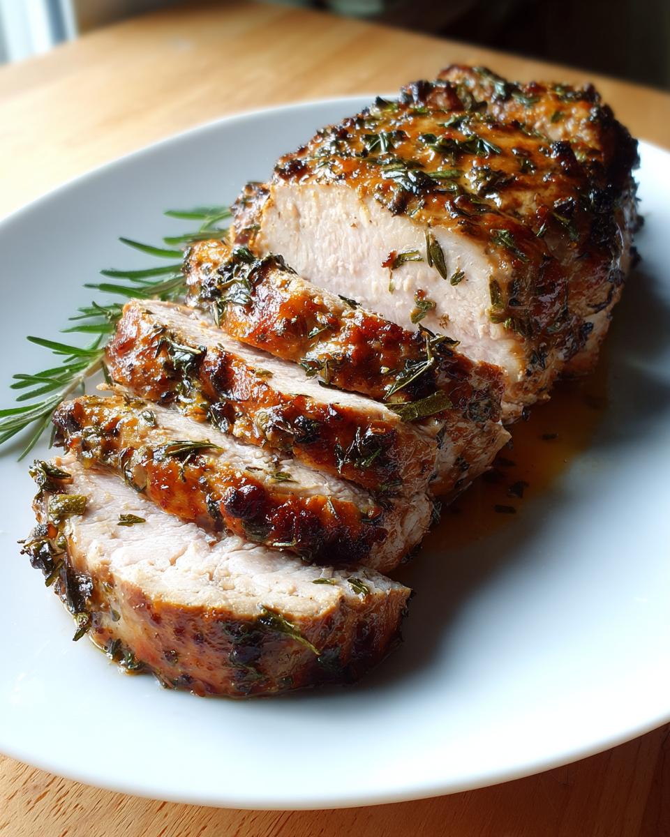 Close-up of a sliced crockpot pork tenderloin, glazed and topped with fresh rosemary and herbs.