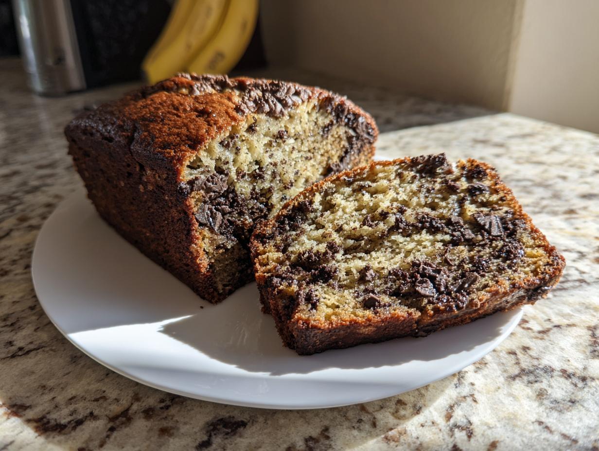A loaf of moist oreo banana bread, partially sliced, revealing dark chocolate chunks throughout the crumb.