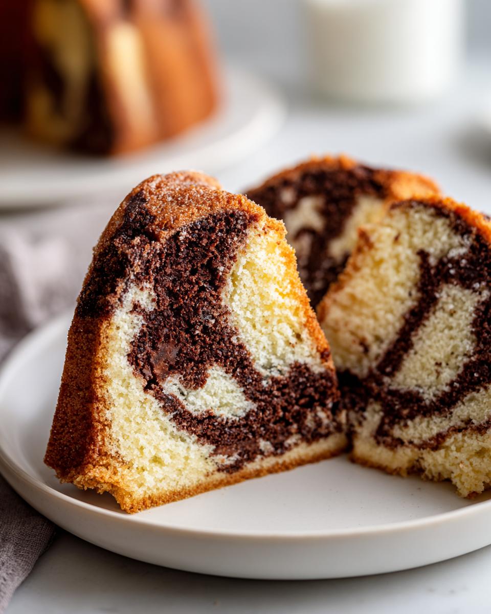Close-up of two slices of german marble cake showing the distinct vanilla and chocolate swirl pattern on a white plate.