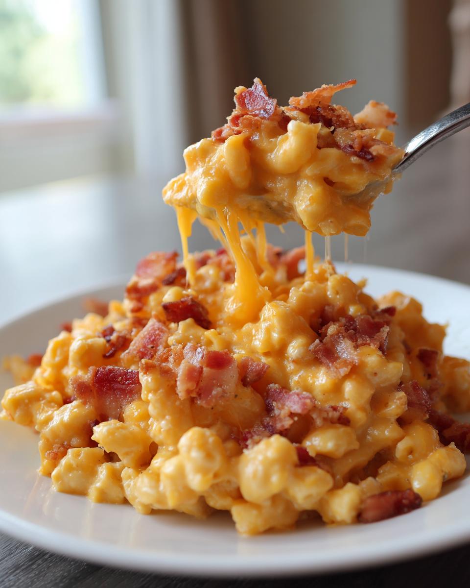A spoonful of creamy, cheesy slow cooker cheddar corn with bacon being lifted from a white plate.