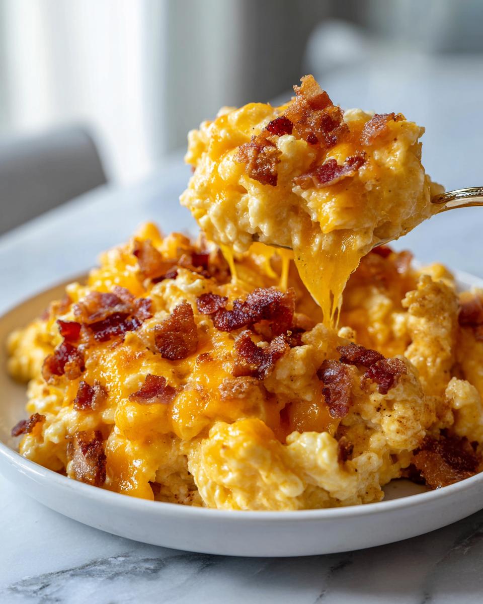 A spoonful of creamy slow cooker cheddar corn with bacon being lifted from a white bowl, showing melted cheese pull.