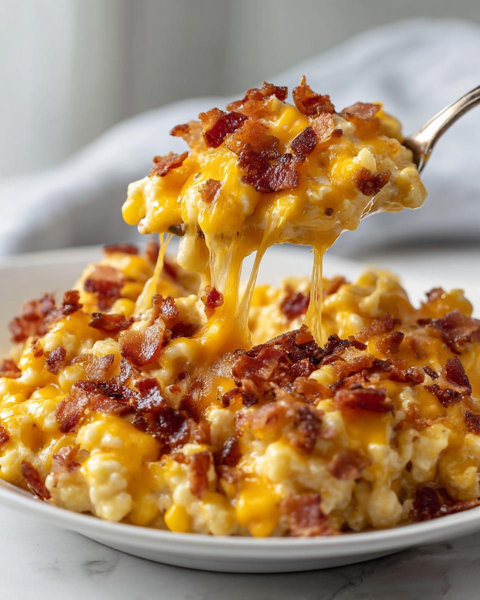 A spoonful of creamy slow cooker cheddar corn with bacon being lifted, showing melted cheese stretch.