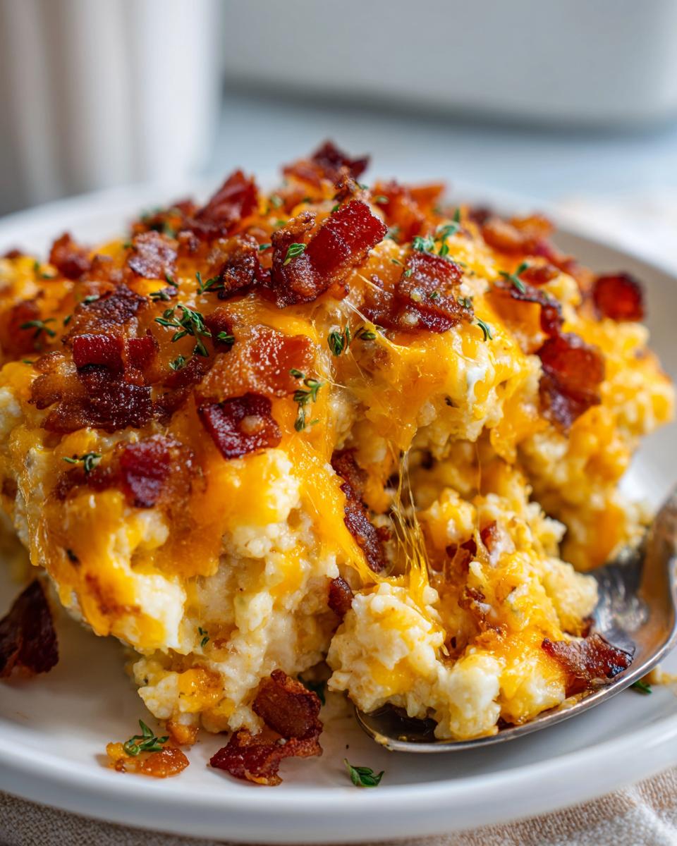 Close-up of a spoonful of creamy slow cooker cheddar corn with bacon, showing melted cheese pull.