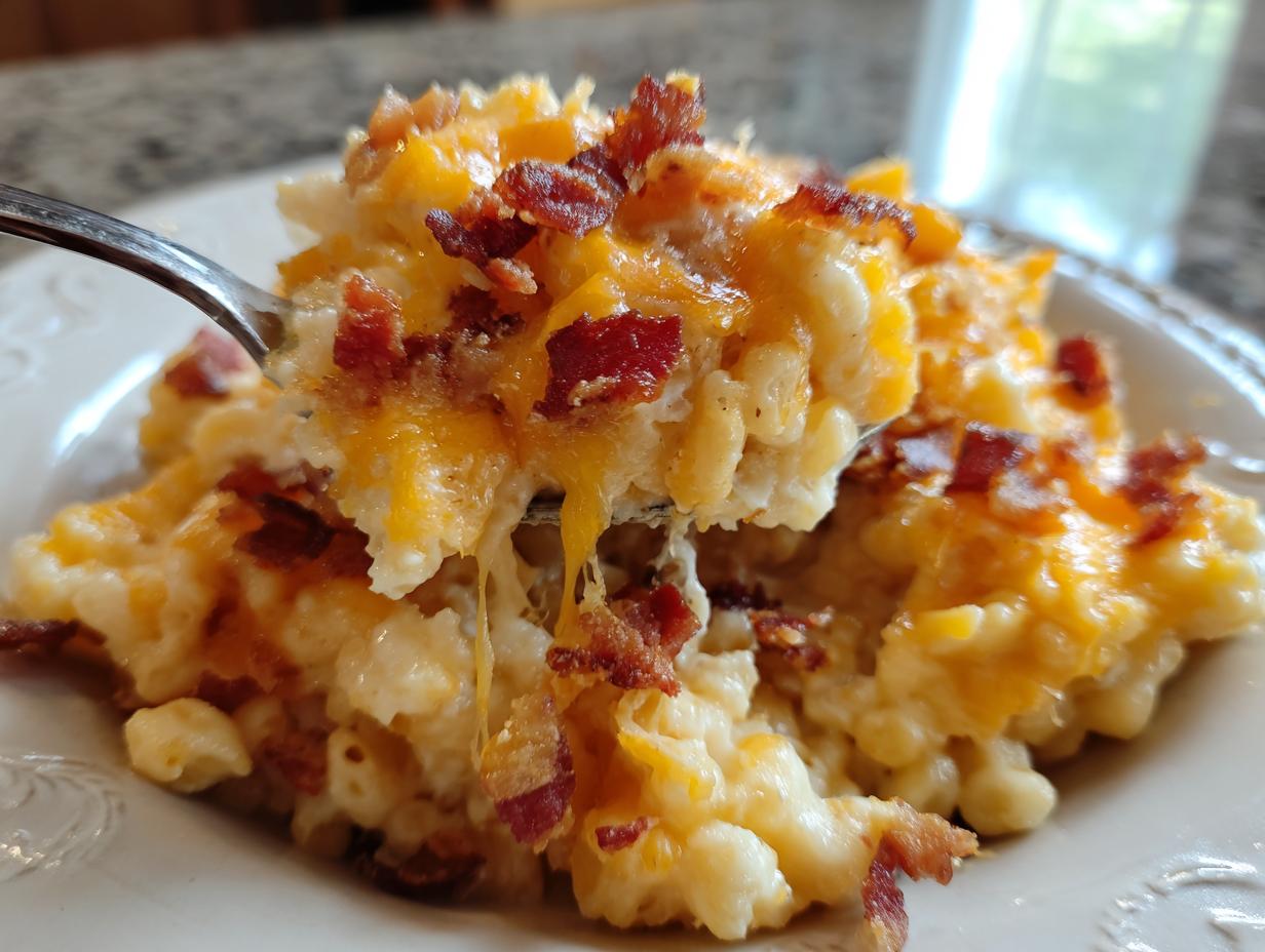 A spoonful of creamy slow cooker cheddar corn with bacon being lifted from a bowl, showing melted cheese stretch.