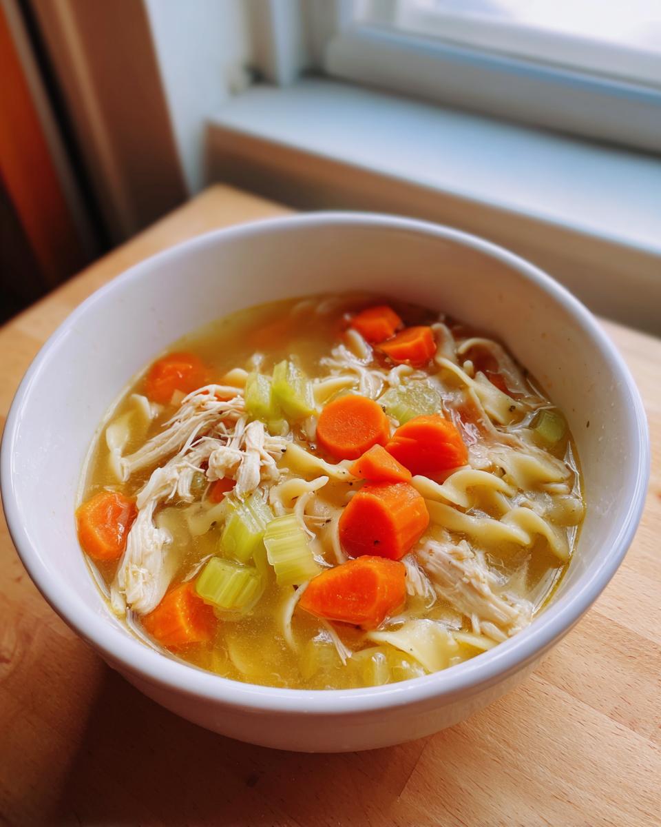 A close-up of a white bowl filled with homemade slow cooker chicken noodle soup, featuring shredded chicken, egg noodles, carrots, and celery.